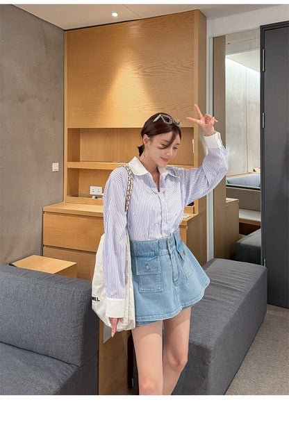 25Sep. 時髦手工釘珠條紋撞色襯衫