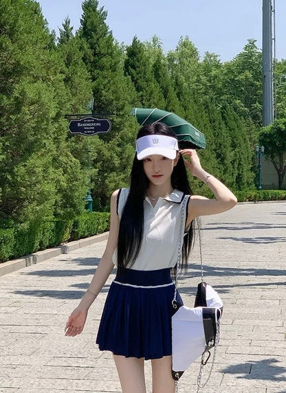 25Oct. 溫婉甜妹 m系藏青撞色針織百摺裙套裝