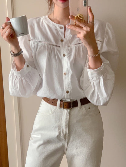 25Sep. 氣質縷空花娃娃領襯衫 白/杏