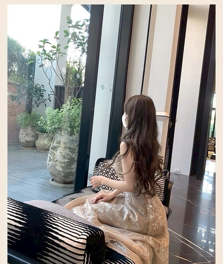 25Oct. 月光獨奏 巨閃焦點亮片連身裙 香檳色