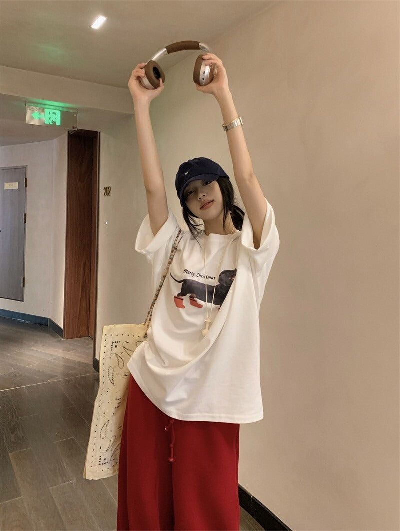 25Oct. Y2K臘腸修狗tee/紅色闊腿褲