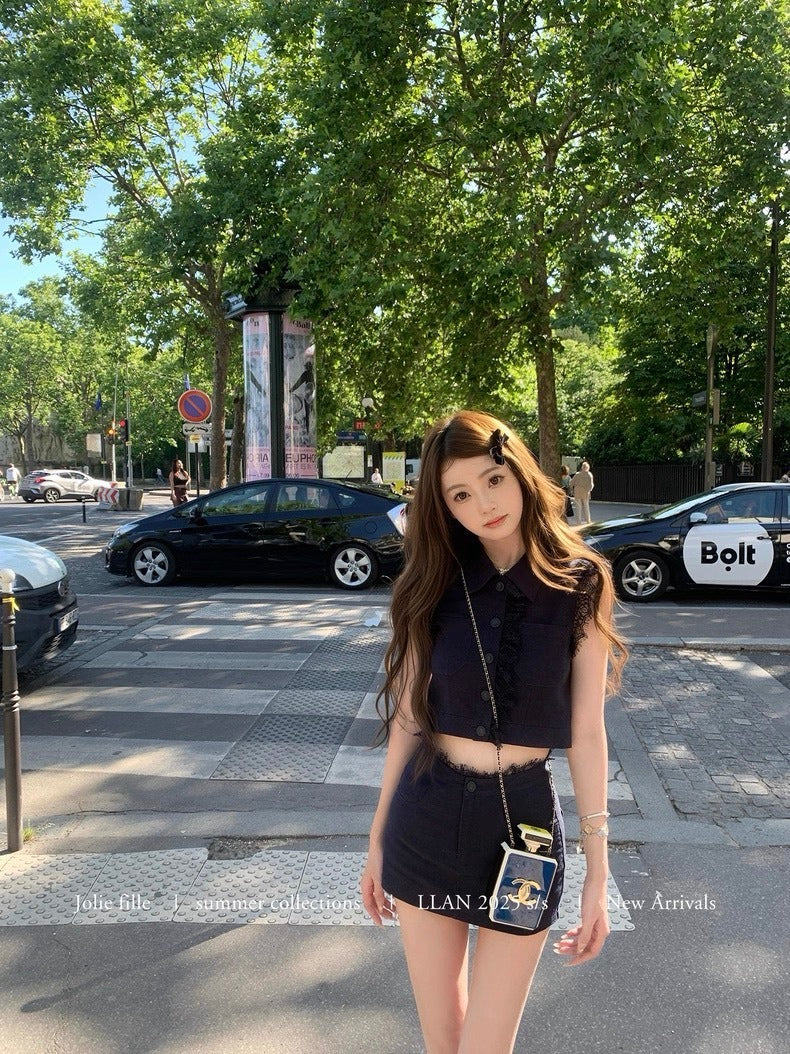 25Oct. 甜心香香VTG 復古蕾絲拼接亞麻套裝 藏藍