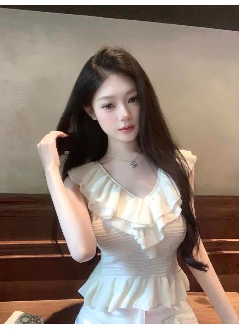 25Oct. 甜氧少女 混織荷葉V領修身針織上衣