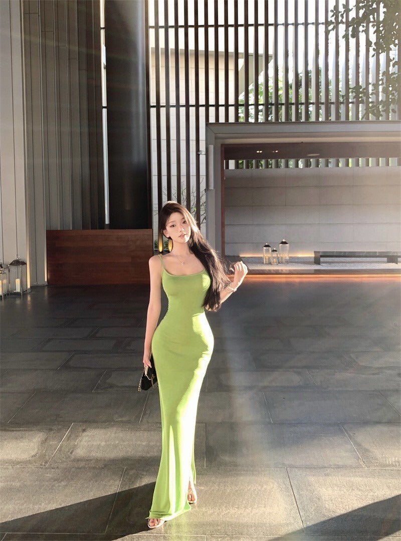 25Oct. 歐美修身果綠後背綁帶連身裙