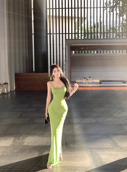 25Oct. 歐美修身果綠後背綁帶連身裙