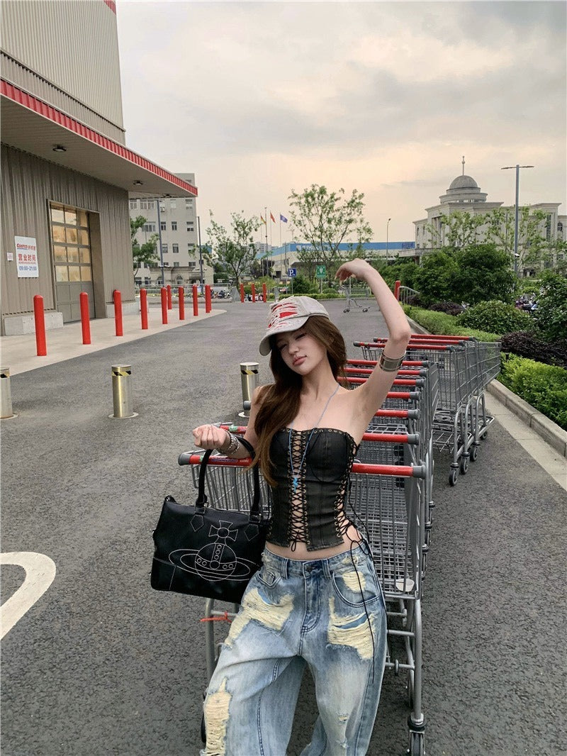 25Oct. 超級辣妹 美式縷空可調皮抹胸/刷破仿舊闊腿牛仔褲