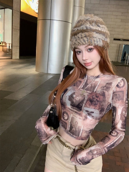 25Oct. 古巴辣妹 復古透紗印花打底上衣/卡其半身裙