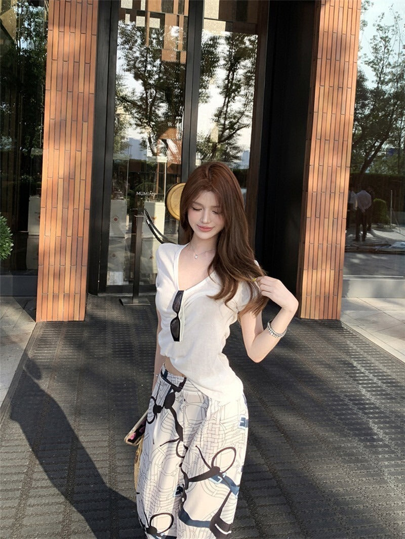 25Sep. 淡人ToF*極簡亞麻棉上衣 白色/冰絲緞面老花休閒褲