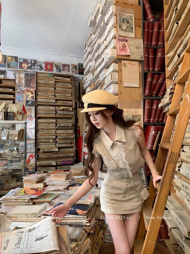 25Oct. 甜心香香VTG 復古蕾絲拼接亞麻套裝 亞麻原色