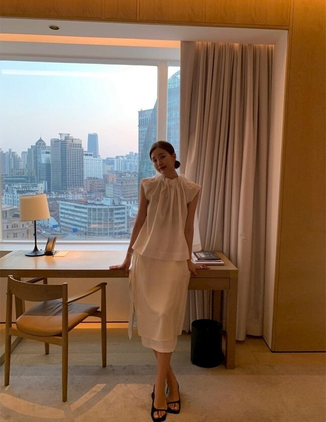 25Sep. 法式可人天絲褶皺領背心上衣 白/黑