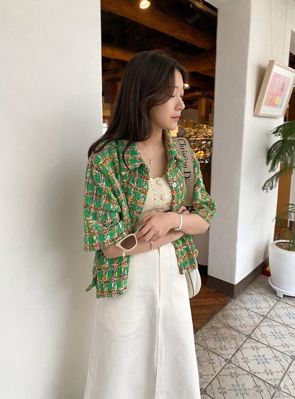 25Sep. 韓國鄉園亮絲奢彩中袖小香外套 藍/綠