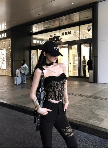 25Oct. Chill蕾絲純欲復古抹胸/修身蕾絲拼接喇叭褲 黑