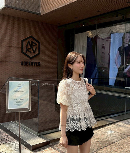 25Sep. 氣質蕾絲泡泡袖花邊上衣 杏