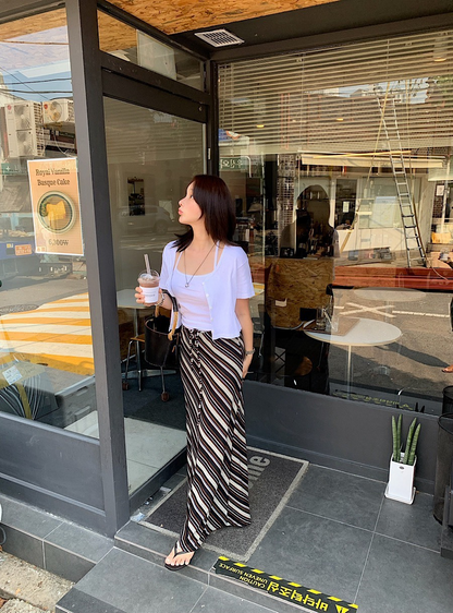 25Oct. 慵懶度假斜條紋中腰抽繩半身裙 棕