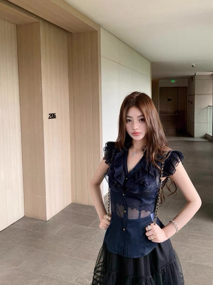 25Oct. 世家赫本法式氣質雪紡透視衫 藍