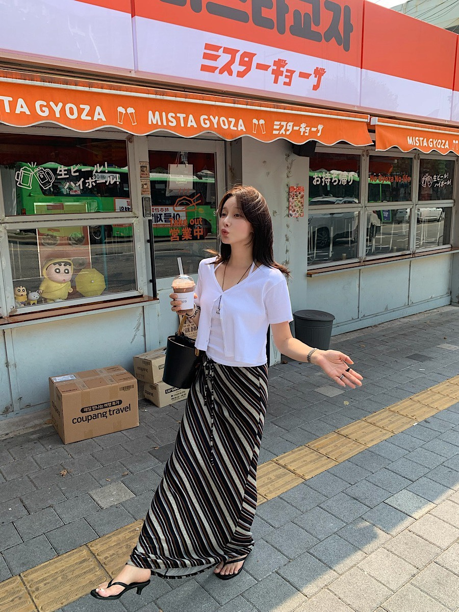 25Oct. 慵懶度假斜條紋中腰抽繩半身裙 棕