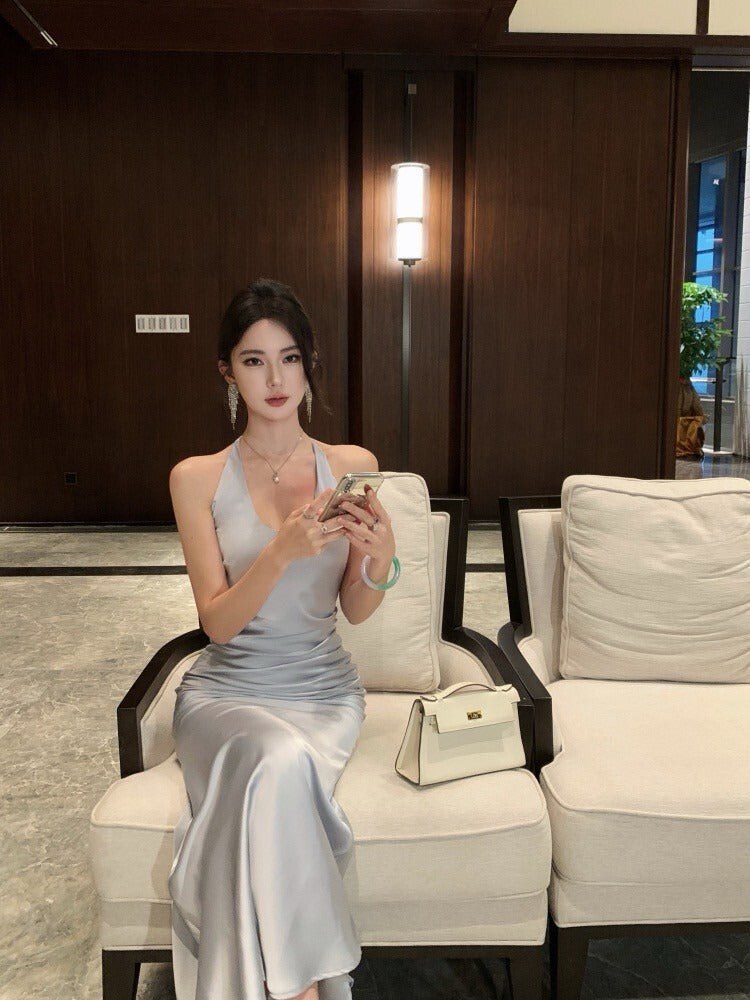 25Oct. 量身訂作 修身掛脖U領長洋裝 藍灰