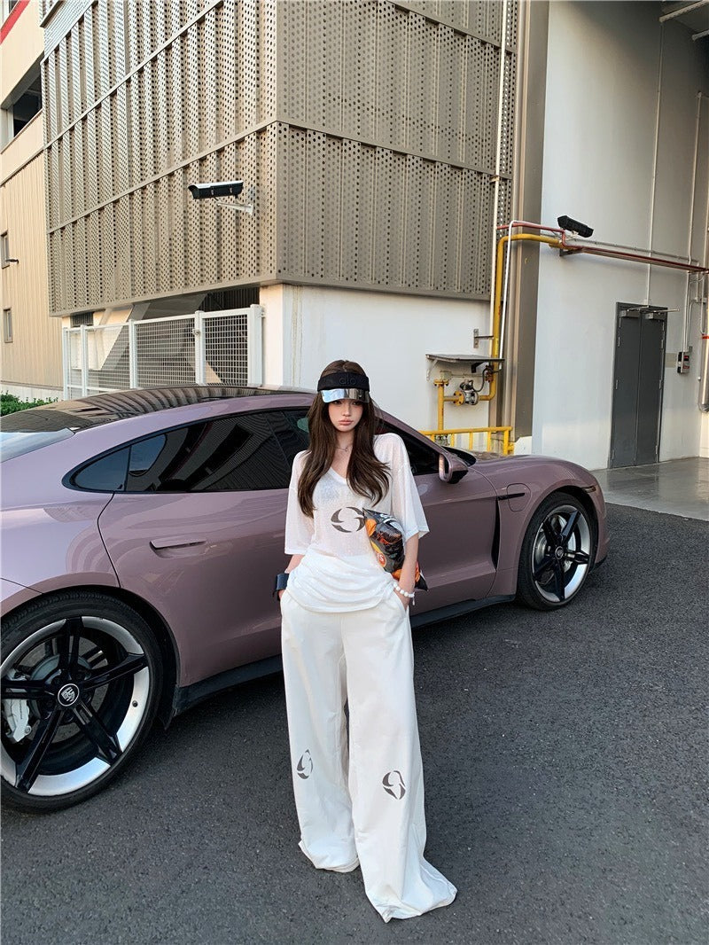 25Oct. 辣妹效應 休閒透視感上衣/純棉闊腿褲 白