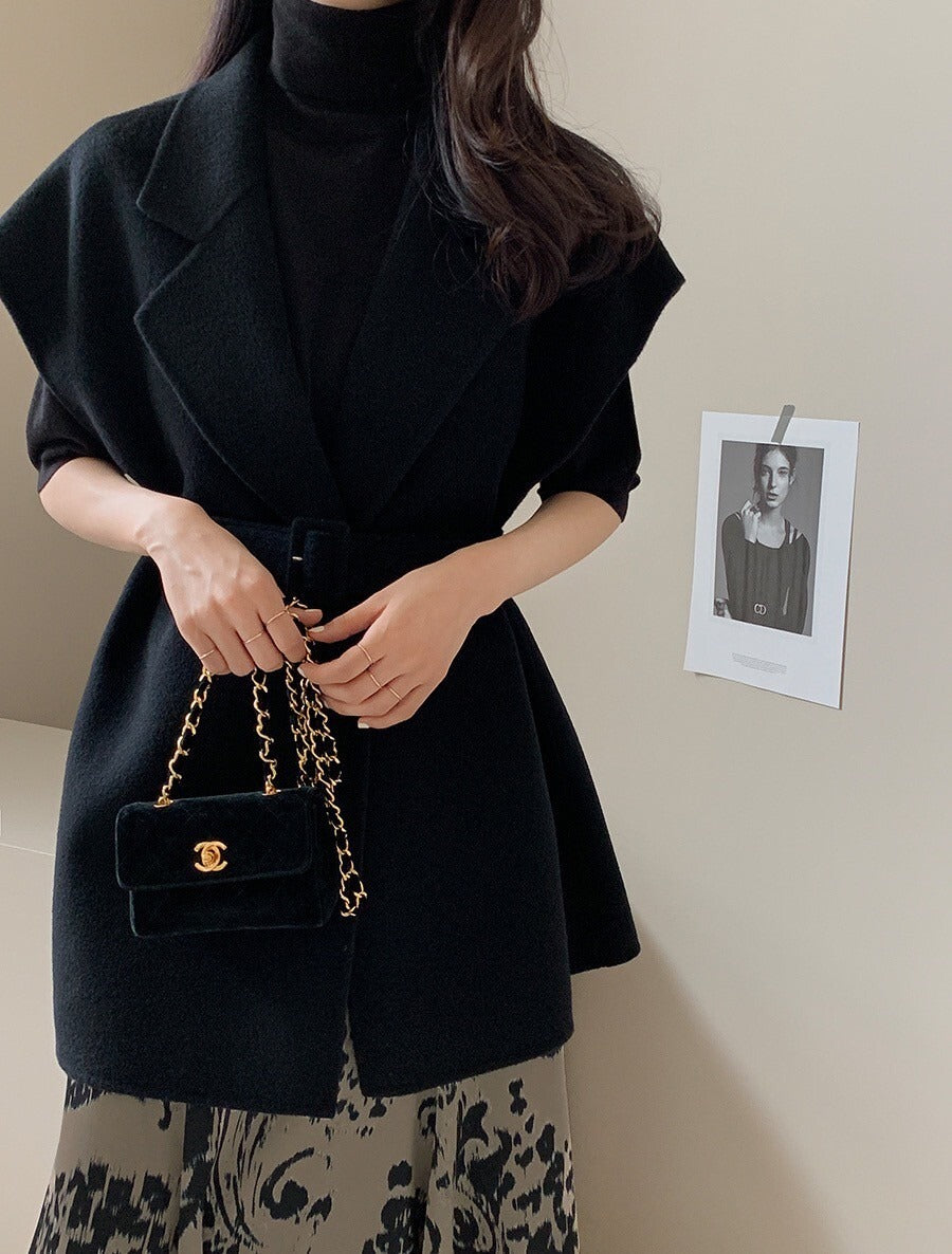 25Sep. 通勤百搭繫帶雙面羊呢外套 卡其/黑