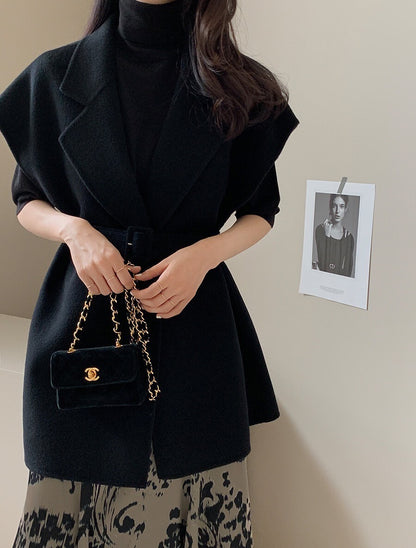 25Sep. 通勤百搭繫帶雙面羊呢外套 卡其/黑