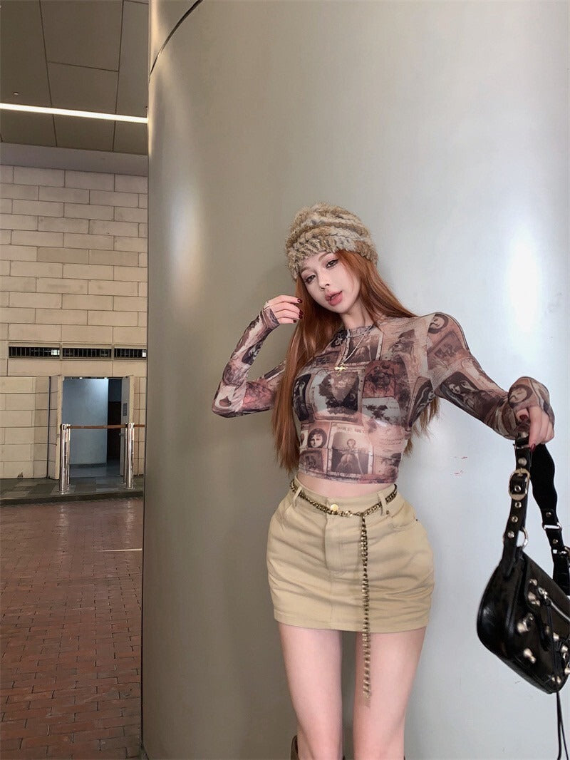 25Oct. 古巴辣妹 復古透紗印花打底上衣/卡其半身裙