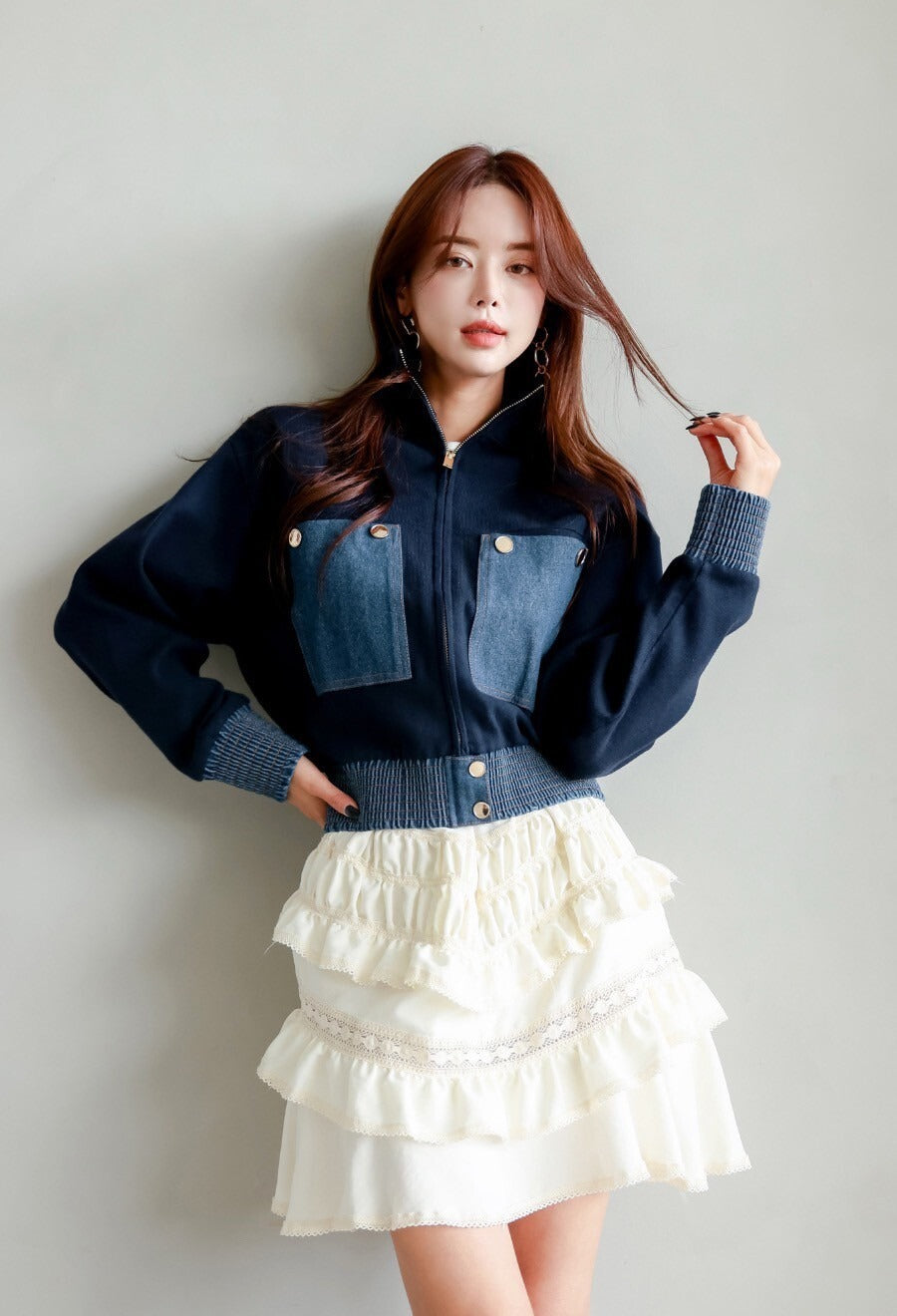 25Sep. 休閒打欖牛仔拼色雙口袋棒球外套