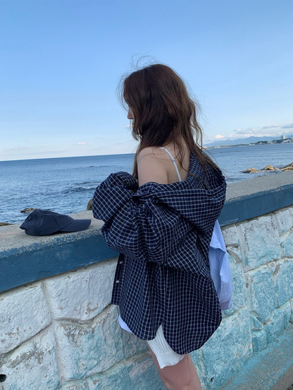 25Oct. 復古韓妞 撞色格紋連帽襯衫外套 淺藍/深藍