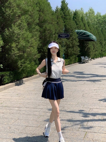 25Oct. 溫婉甜妹 m系藏青撞色針織百摺裙套裝