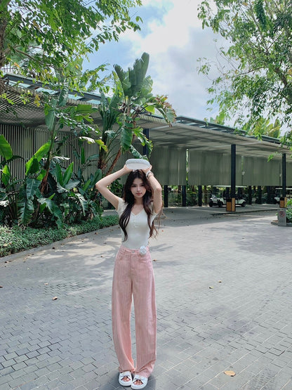 25Oct. 限量櫻花粉柔軟牛仔pink summer肌理彎刀褲