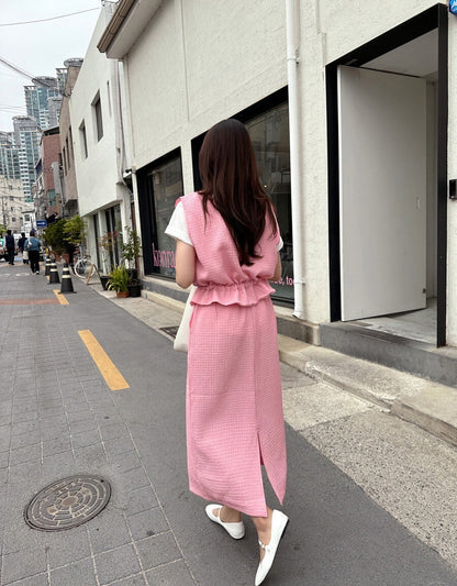 25Sep. 休閒華夫格抽繩可調式馬甲半身裙套裝 粉/黑
