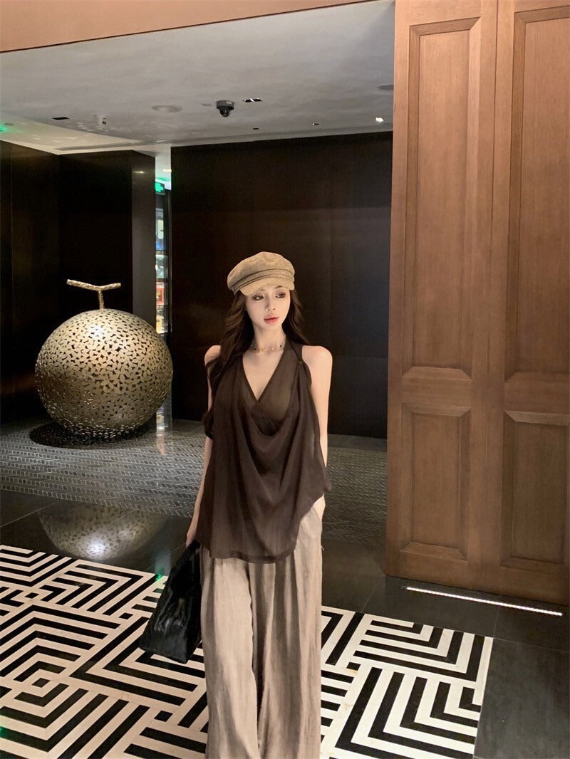 25Oct. 愛上老錢 咖色雙交錯透紗背心/壓褶山本褲