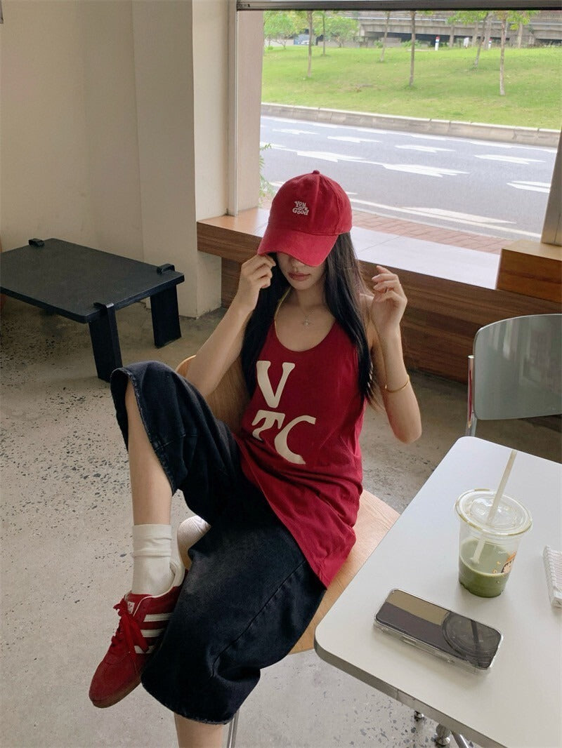 25Oct. 復古寬鬆美式字母印花中長背心