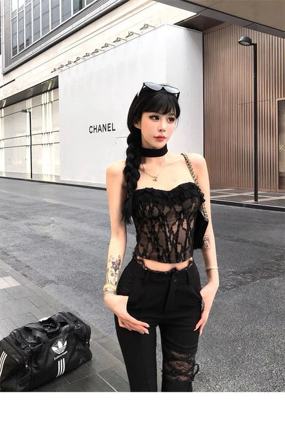 25Oct. Chill蕾絲純欲復古抹胸/修身蕾絲拼接喇叭褲 黑