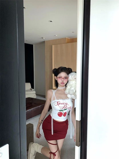 25Oct. Cherry girl美式印花蕾絲背心/紅色炸街休閒褲