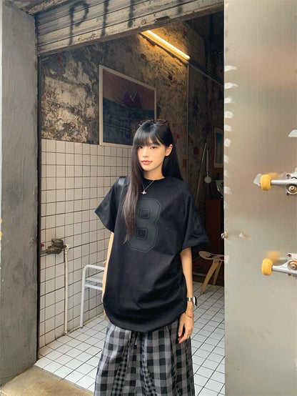 25Oct. 古著女孩黑色8號短袖上衣/格紋拼接半身裙