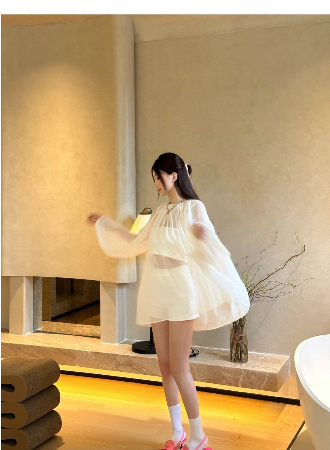 25Oct. 慵懶週末 透視感白紗泡泡疊穿3件組