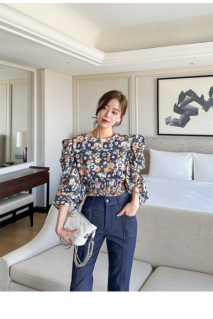 25Sep. 夢迴碎花 堆堆袖收腰長袖上衣 粉/菊藍