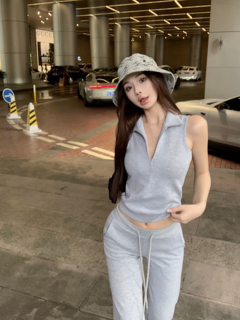 25Oct. 美式日常空氣棉袖襯立領背心/抽繩休閒褲 灰色