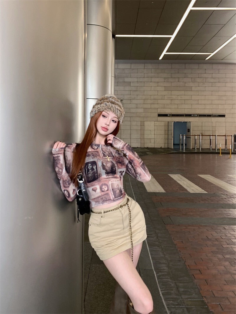 25Oct. 古巴辣妹 復古透紗印花打底上衣/卡其半身裙