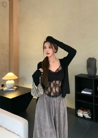 25Oct. 蔓紗沁蕾 拼接透視魚骨背心 防曬開衫 卡/黑