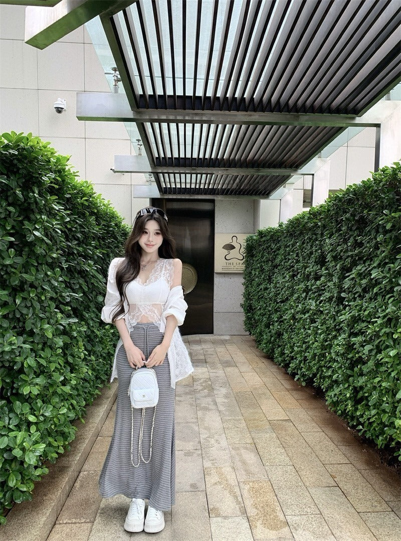 25Oct. 通勤首領 微透蕾絲拼接襯衫/條紋抽繩半身裙