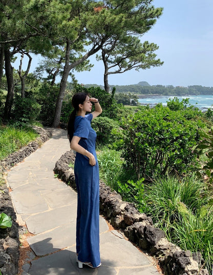 25Sep. 時髦丹寧藍修身圓領短袖連身褲