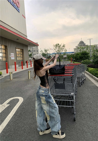 25Oct. 超級辣妹 美式縷空可調皮抹胸/刷破仿舊闊腿牛仔褲