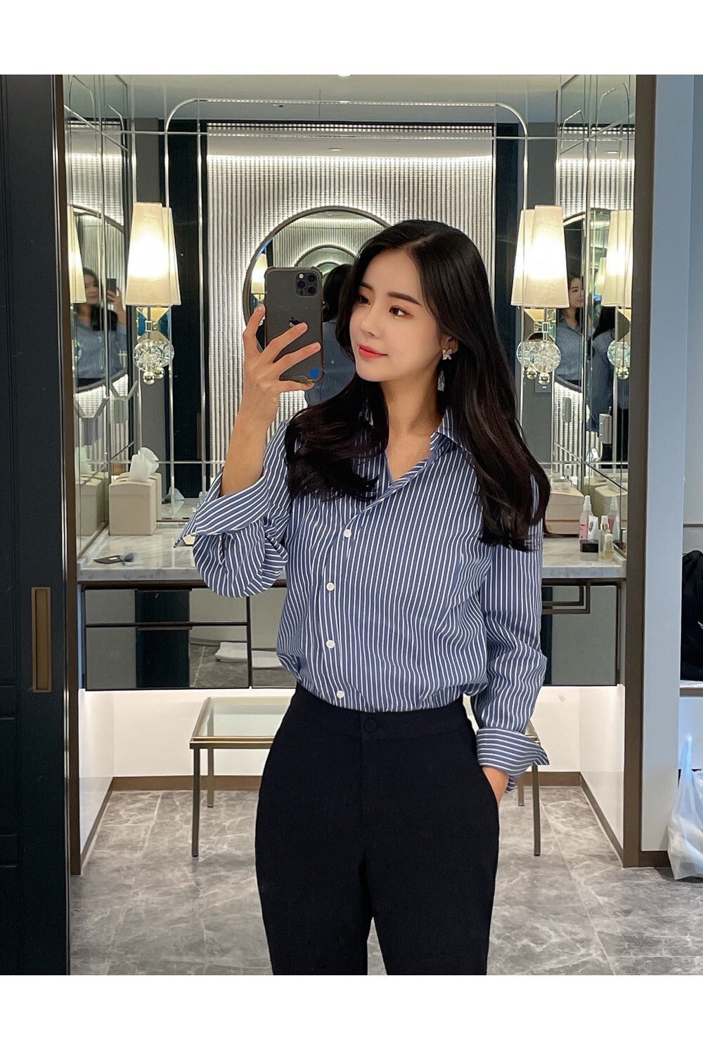 25Sep. 韓Chic簡約不規則側扣條紋襯衫 藍