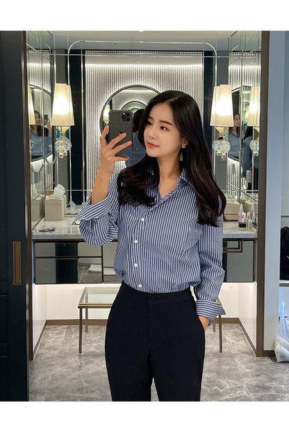 25Sep. 韓Chic簡約不規則側扣條紋襯衫 藍