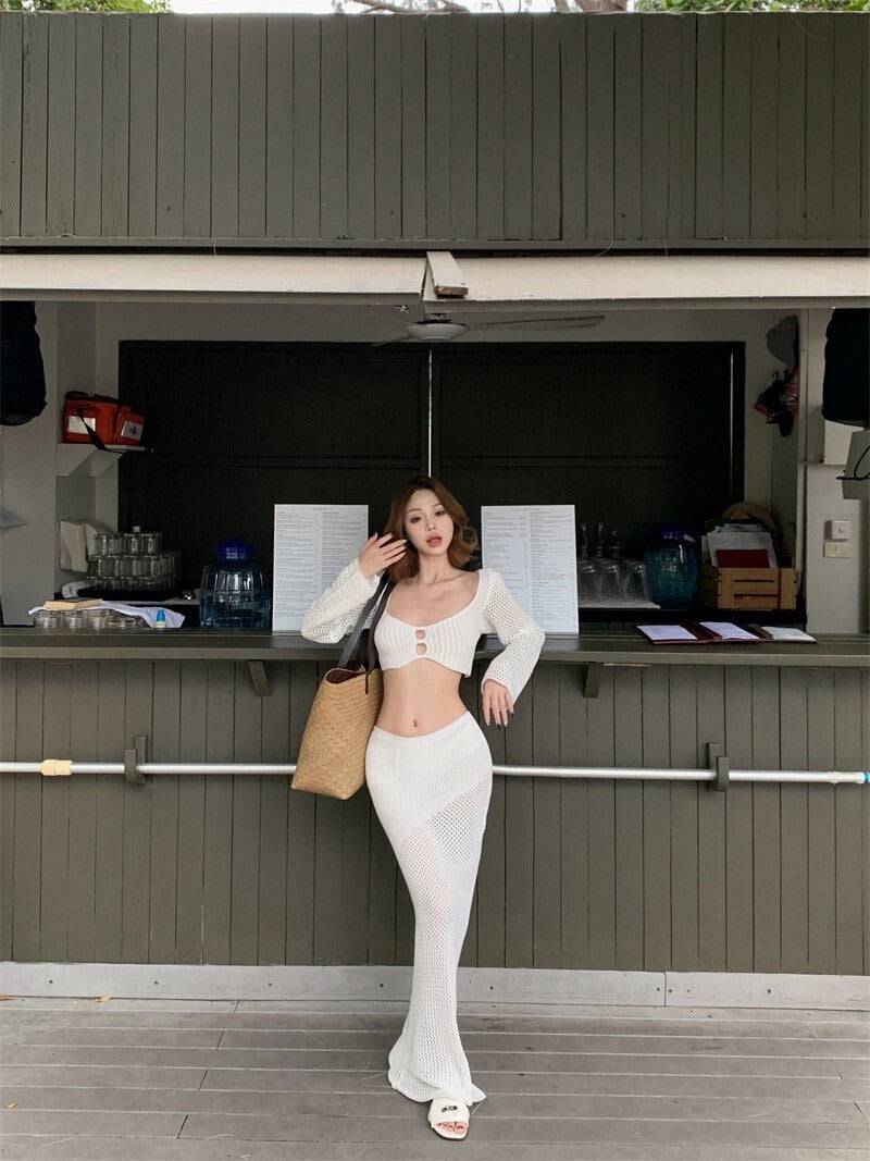 25Oct. 歐美辣妹 海邊度假針織套裝 白