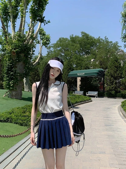 25Oct. 溫婉甜妹 m系藏青撞色針織百摺裙套裝