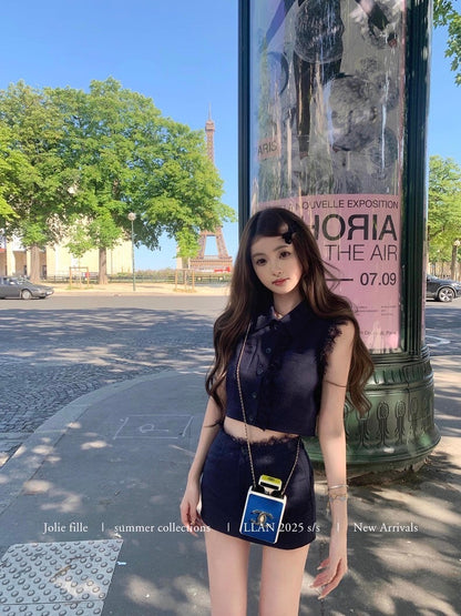 25Oct. 甜心香香VTG 復古蕾絲拼接亞麻套裝 藏藍