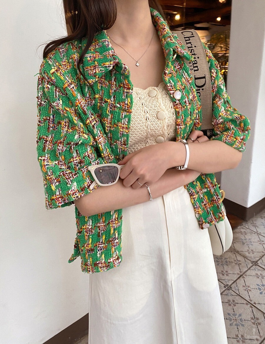 25Sep. 韓國鄉園亮絲奢彩中袖小香外套 藍/綠