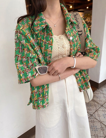 25Sep. 韓國鄉園亮絲奢彩中袖小香外套 藍/綠